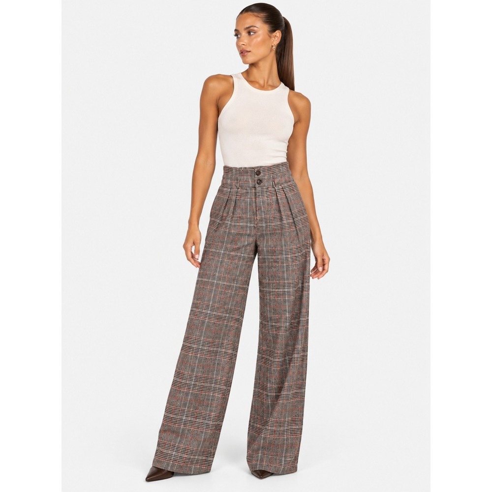 Commense Brown Plaid Wide Leg High Rise Pleated Trousers Pants S NWT New